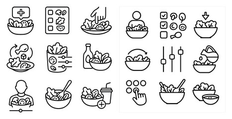 Fototapete - Set of food icons, including bowls, cups, spoons, and bottles, are arranged in a grid