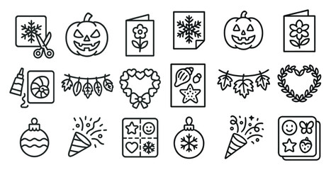 Poster - Collection of Halloween-themed icons, including pumpkins, flowers, and stars. The icons are all in black and white and are arranged in a grid
