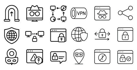 Poster - Collection of icons for various computer security and privacy features. The icons include a shield, a globe, a key, a computer monitor, a computer mouse, a computer keyboard, a computer screen