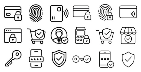 Fototapete - Set of icons for shopping and security. The icons include a key, a fingerprint, a credit card, a calculator, a shopping cart, a store, and a phone. The icons are all in black and white