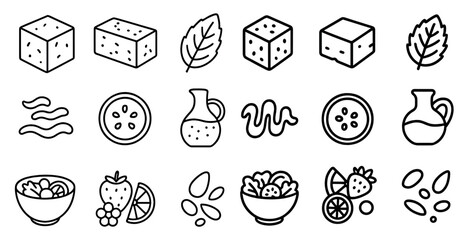 Fototapete - Collection of food-related icons, such as bowls, cups, and vases, arranged in a row. These icons represent various types of food and dining utensils, and they are all drawn in a simple