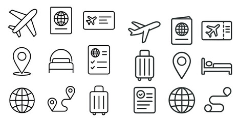 Fototapete - Set of icons for travel, including a suitcase, a passport, and a map. The icons are all in black and white and are arranged in a grid