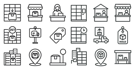 Poster - Series of icons for a delivery service. The icons include a truck, a building, a person, and a box. The icons are all in black and white and are arranged in a grid