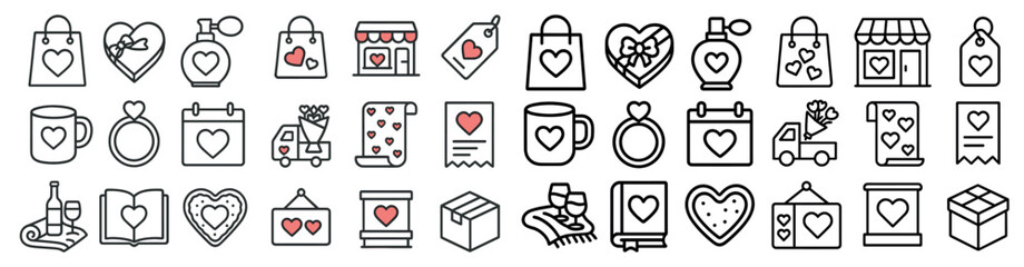 Fototapete - Collection of heart icons, including a wedding ring, a cup, a flower, a book, a box, a truck, and a bag