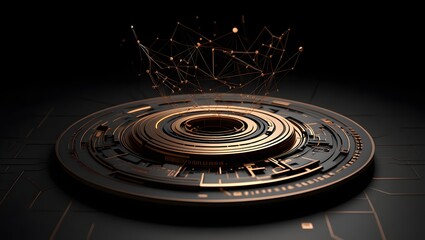 A futuristic technological device with glowing circuits and abstract network connections