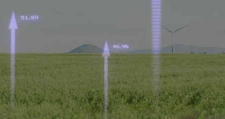 Poster - Purple arrow rising over grassy plain pulsing arrows updating labels fading revealing wind turbines