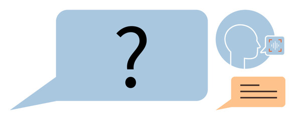 Poster - Large blue speech bubble with a question mark, profile view of speaking person, and document-inspired text. Ideal for communication, conversation, inquiry, dialogue, linguistics, speech analysis