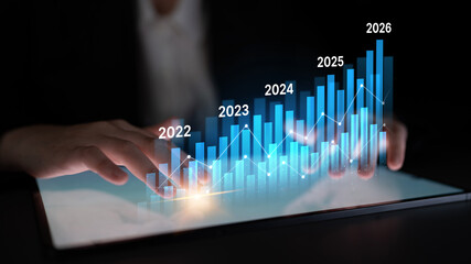Poster - Business bar chart and line graph showing yearly business growth from 2022 to new year 2026, represent data analytics, future 2026 planning, business 2026 trend, and performance analysis 2026 Latch