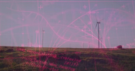 Poster - Red network graphics emerging left, floating above wind turbines and hill visualizing data currents