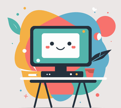 Cartoon computer with smiling face on desk in colorful background  