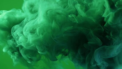 Poster - Swirling green ink dances gracefully in water, forming captivating abstract shapes against a vibrant green background, evoking the essence of smoke and clouds in motion
