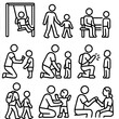 © Vitalii - Parent-Child Interaction Icons. Outline style icons of Parent and Child Interaction: parent pushing swing, hand-holding walk,