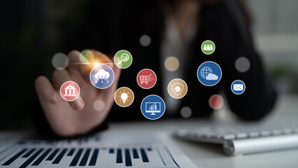 Poster - Set of business and digital service icons representing finance, cloud, analytics, email, communication, ecommerce, cybersecurity, and global connectivity in a modern ecosystem Latch
