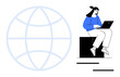 © robu_s - Woman typing on a laptop while seated beside a large faded globe, symbolizing internet, learning, and connection. Ideal for technology, education, communication, innovation, globalization remote