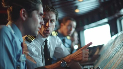Poster - Ship captain in a control room points decisively while crew members listen attentively, showcasing teamwork and leadership in a maritime setting. The atmosphere is intense and focused