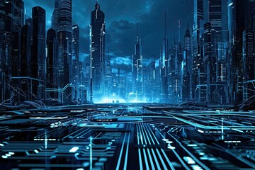 Poster - Futuristic city on electronic circuit background, development of modern digital technologies concept