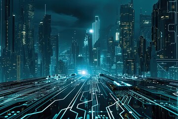 Poster - Futuristic city on electronic circuit background, development of modern digital technologies concept