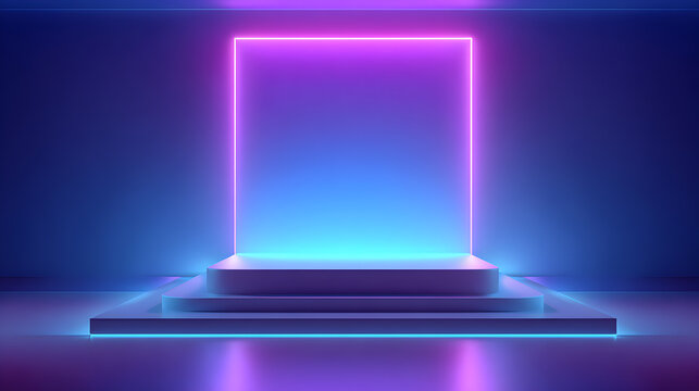 3D podium with spotlight and digital tech elements in abstract background