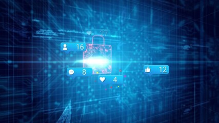 Poster - Light flare emerging, circuit grid rotating, icons multiplying around neon padlock showing security