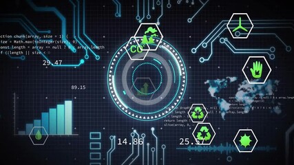 Poster - Scrolling code appearing left launching circular ring rotating and hex icons updating dashboard