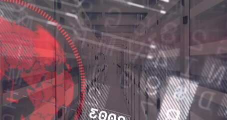 Poster - Camera moving forward through servers with floating data overlays rotating red ring displaying data