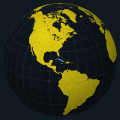 Poster - Republic of Cuba on Globe. Country view on the world map in Charcoal Bright Yellow color palette. Cuba shape on map. Globe with meridians, parallels, countries, rivers and lakes.