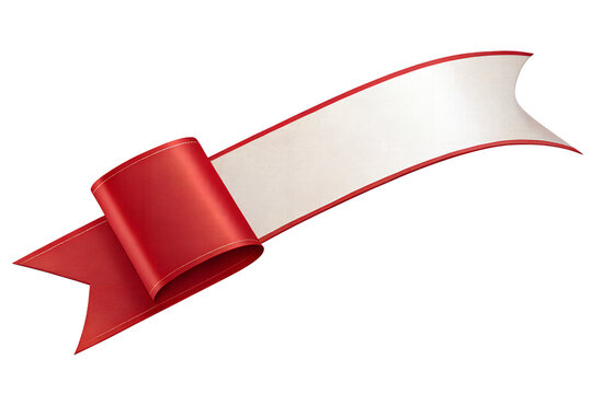 A red and white ribbon banner with a rolled end on a transparent checkered background design element on transparent background
