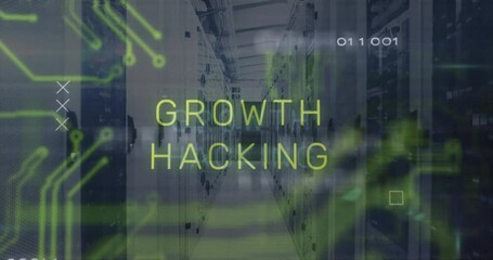 Poster - On start, neon-green circuits sliding over racks flickering growth text forming growth hacking