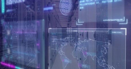Poster - Flickering holographic map scanning nodes while pulsing panels visualizing data feed in corridor