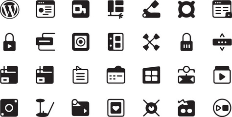 Fototapete - A collection of modern black and white simple icons representing various digital media and technology concepts on a clean white background