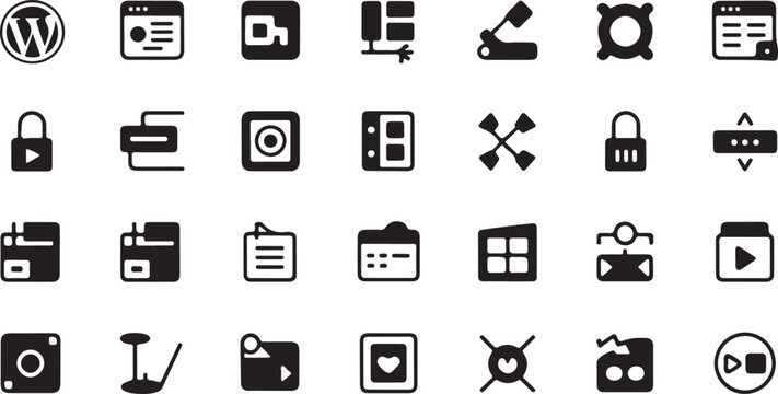 A collection of modern black and white simple icons representing various digital media and technology concepts on a clean white background
