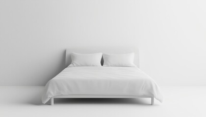 Poster - Minimalist White Bed Floating In Empty White Space, Rendered With Clean Lines And Simple Elegance
