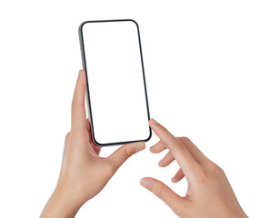 Hand using smartphone with blank screen isolated on transparent PNG.