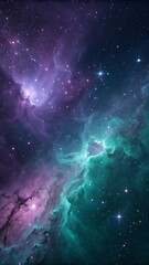 Wall Mural - Cosmic nebula with purple and teal clouds space stars