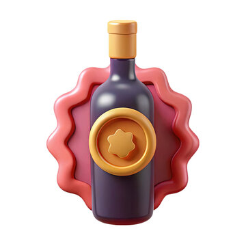 Isolated purple wine bottle with golden label and pink background 3d rendering illustration