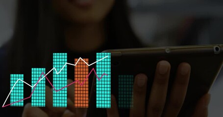 Poster - woman tapping tablet initiating animated cyan bars and magenta line growing for data analysis