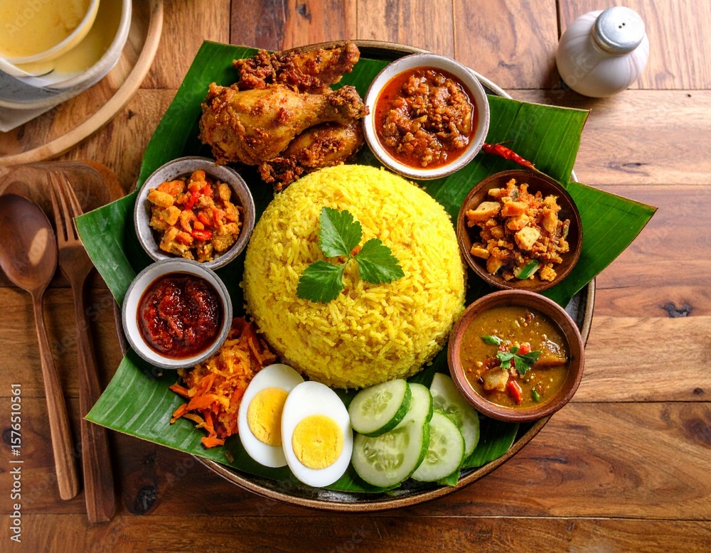 Nasi kuning (yellow rice) dish with various side dishes including ...