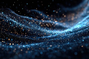 Poster - Glowing particles flow in a dynamic wave pattern against a dark background