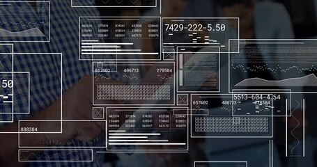 Poster - male colleague in checked shirt swiping tablet screen and animating business data panels in meeting