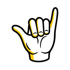 Poster - Hang Loose Hand Sign Illustration with Bold Outline and Vibrant Yellow Accents on Transparent Background, Perfect for Surfing Culture and Relaxed Communication