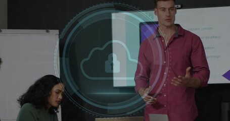 Poster - Presenter speaking on cyber security, creating animated lock-cloud icon as colleagues taking notes