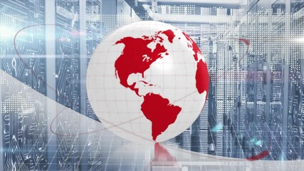 Poster - Red orbital arc initiating 3D globe rotating left in data-center corridor with holographic map