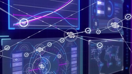 Poster - Fading globe icon starting network expansion, sending lines linking dashboards showing connectivity