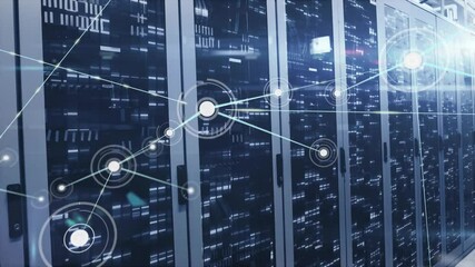 Poster - Appearing glowing node sending lines to new nodes showing network growth over server racks