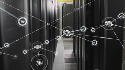 Poster - Globe icon emerging in server corridor sending lines and building nodes visualizing digital network