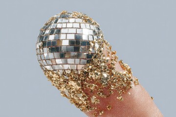 Fototapete - Disco ball and golden glitter on a finger against solid light blue background for party concept and festive celebration, high quality image