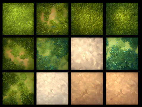 Collection of twelve square images depicting various textures of grass leaves and sandy ground tiles