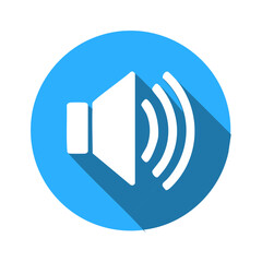 Poster - Speaker Icon with Sound Waves in Blue Circle, Audio Volume Symbol with Long Shadow, Isolated Vector Illustration