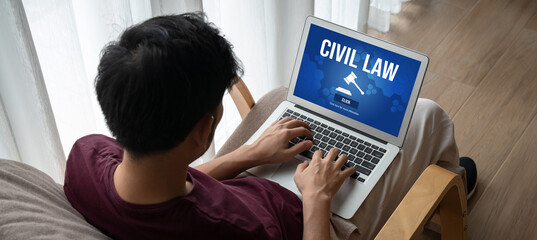 Poster - Civil law brisk information showing on computer screen for Common Justice Legal Regulation Rights Concept