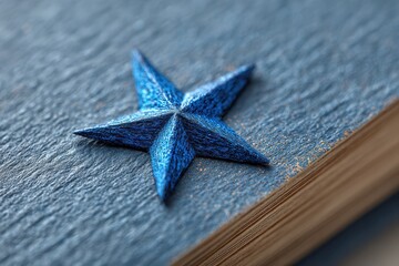 Fototapete - Shiny blue star sits on a textured surface next to the edge of a stack of paper or cards